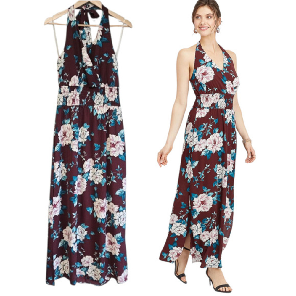 Maurices Halter Dress Womens M Maroon Dark Floral Maxi Smocked Y2K Flowy NEW